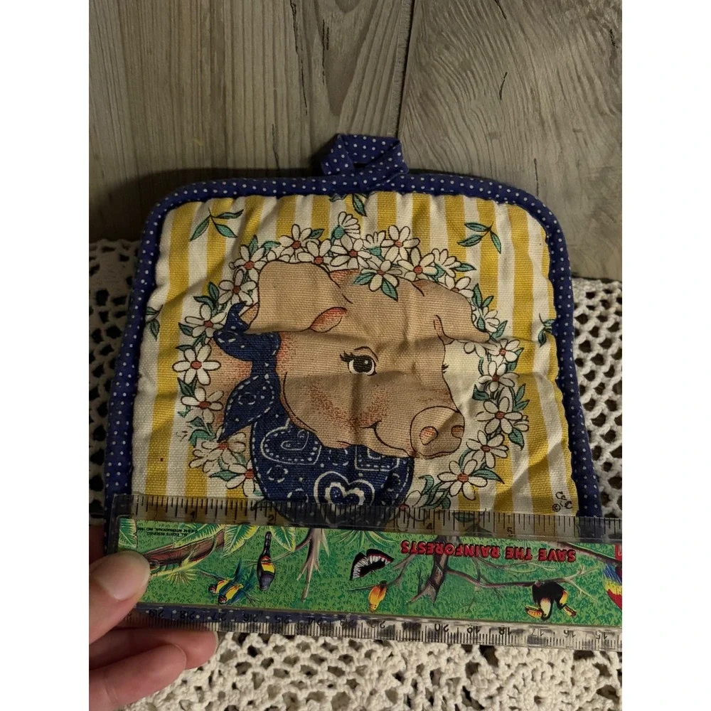 Vintage Pig Potholder Yellow Striped Blue Polka Dot Farmhouse Kitchen Decor